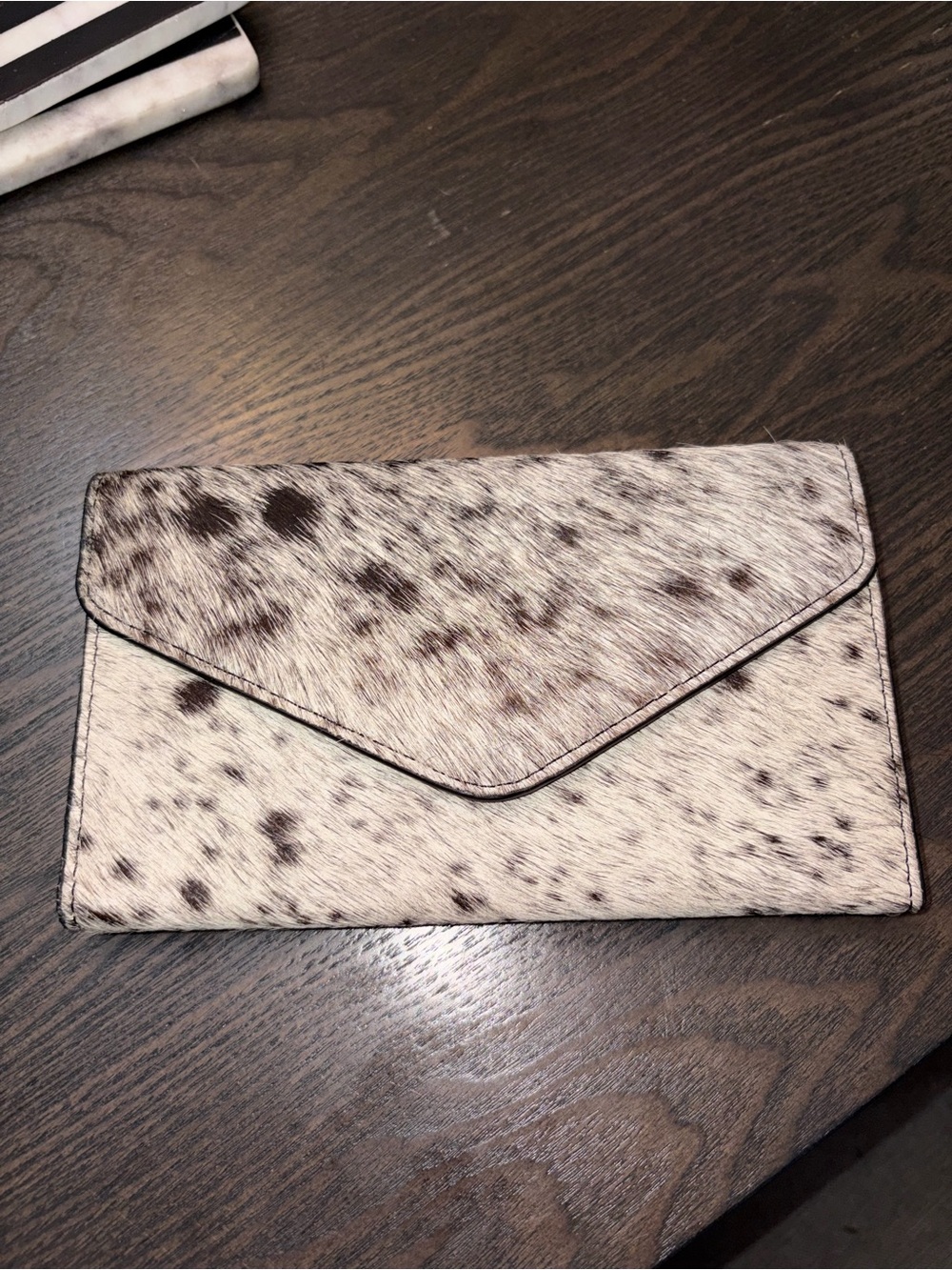 New Baalay Spotted Cowhide Envelope Clutch - Neutral Brown & White